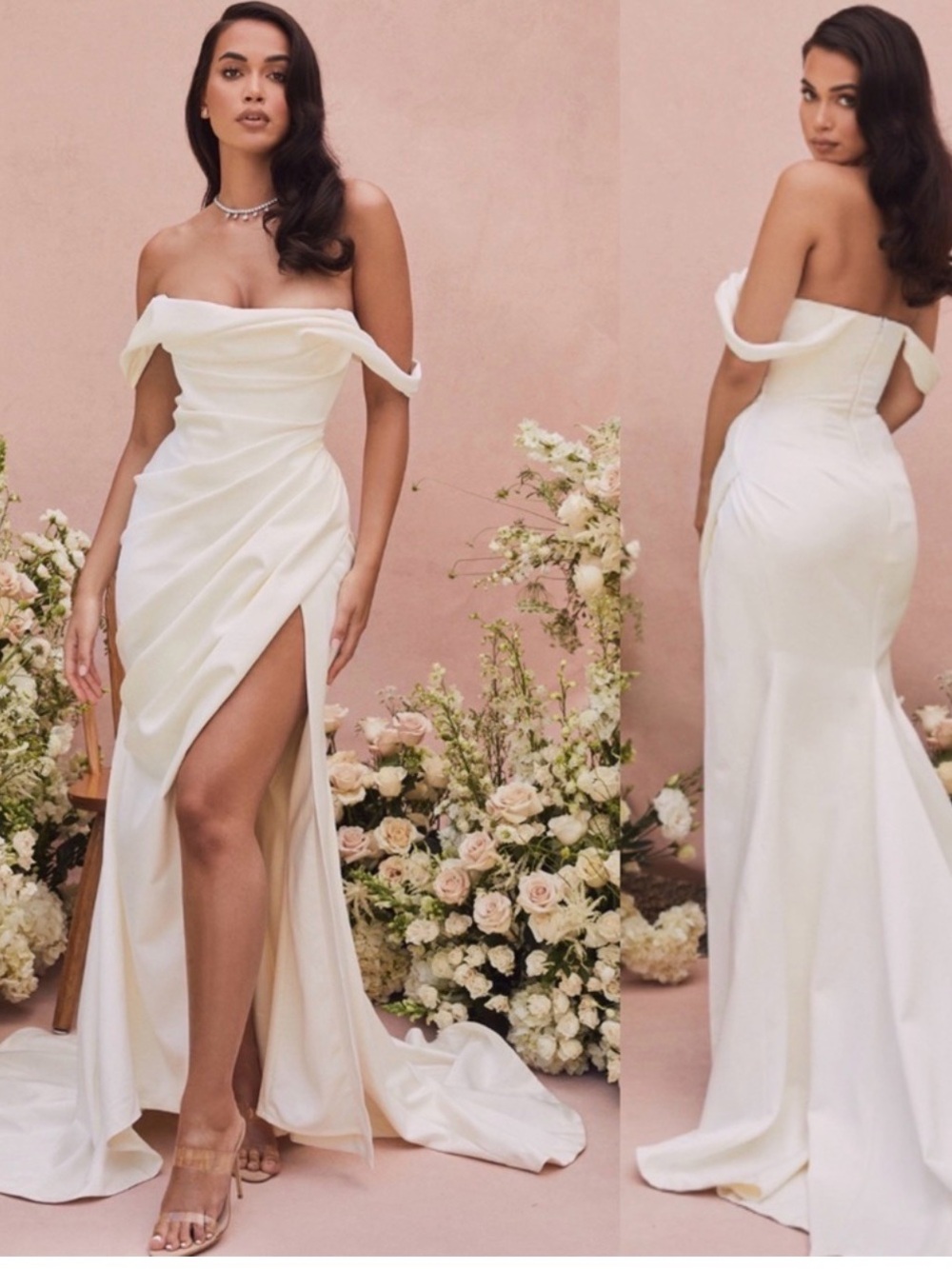 Off-Shoulder Elegant White Evening Gown with High Slit